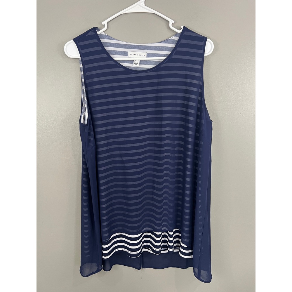 Susan Graver Tank Top Womens Medium Blue Great Striped Layered Split Back